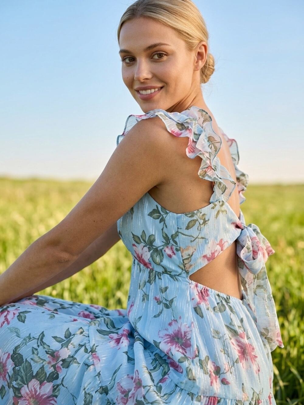 Inmod Blue Floral Open Back Maxi Dress Ruffle Sleeve Garden Party NWT S